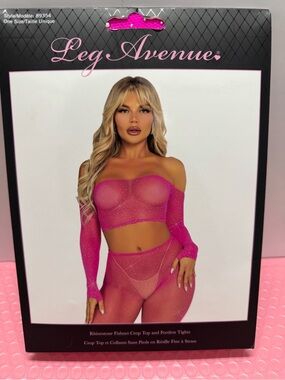 Leg Avenue Hot Pink Rhinestone Fishnet Crop Top & Tights Set